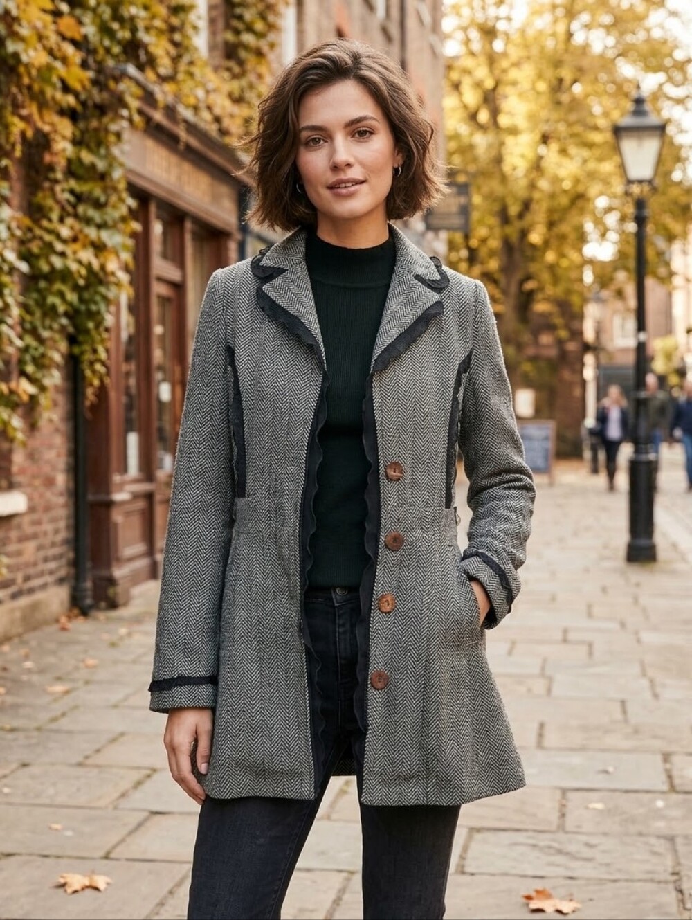 BAMBOO Black & White Herringbone Linen, Scalloped Trim, Fit & Flair Coat Women's
